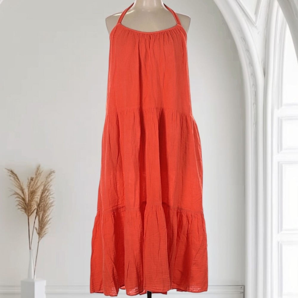 Xirena Reagen Dress Women's L in Tigerlily Orange Midi Cotton Gauze Preppy